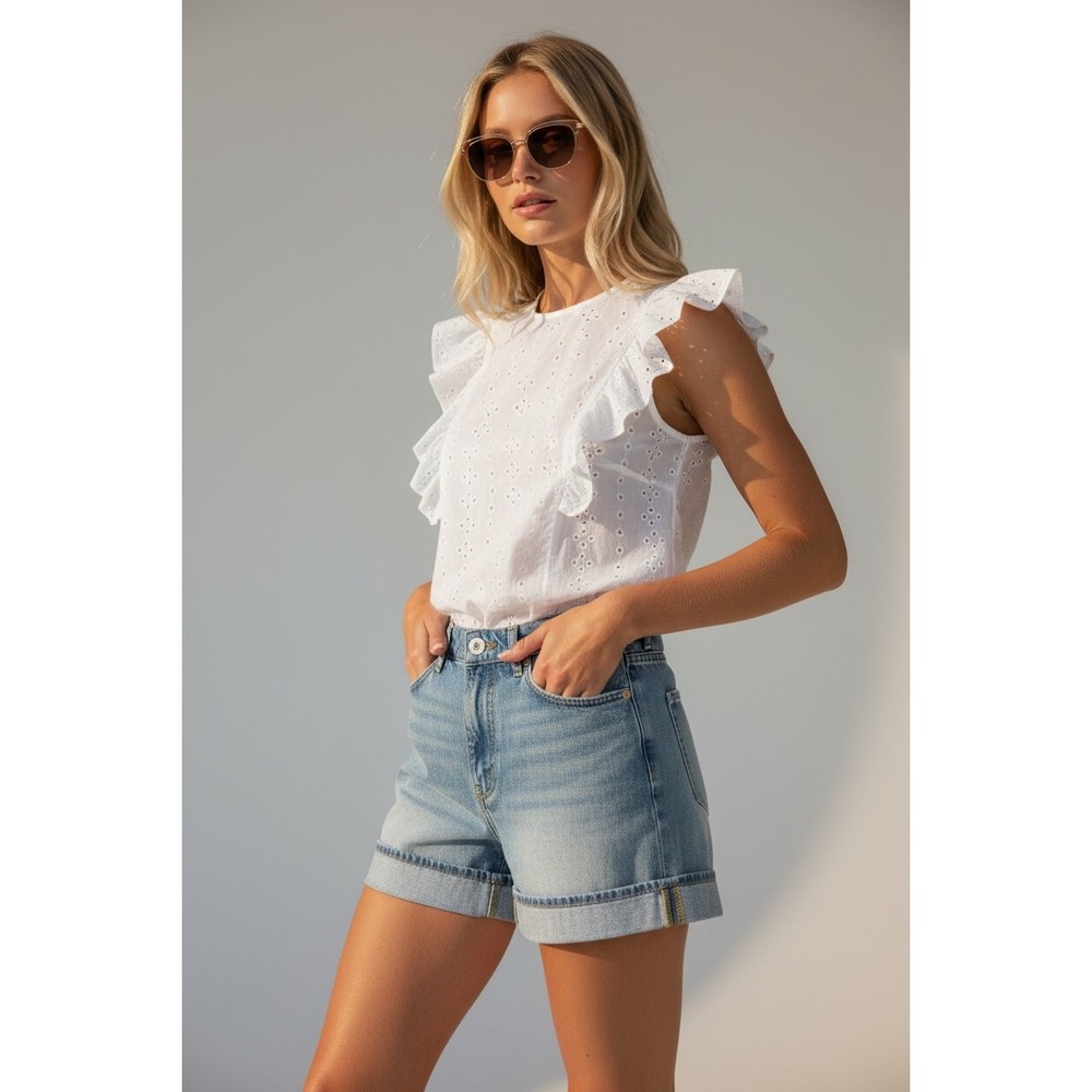 LOFT High Rise Cuffed‎ Denim Shorts Women Size 14 Light Wash Distressed - Picture 2 of 8